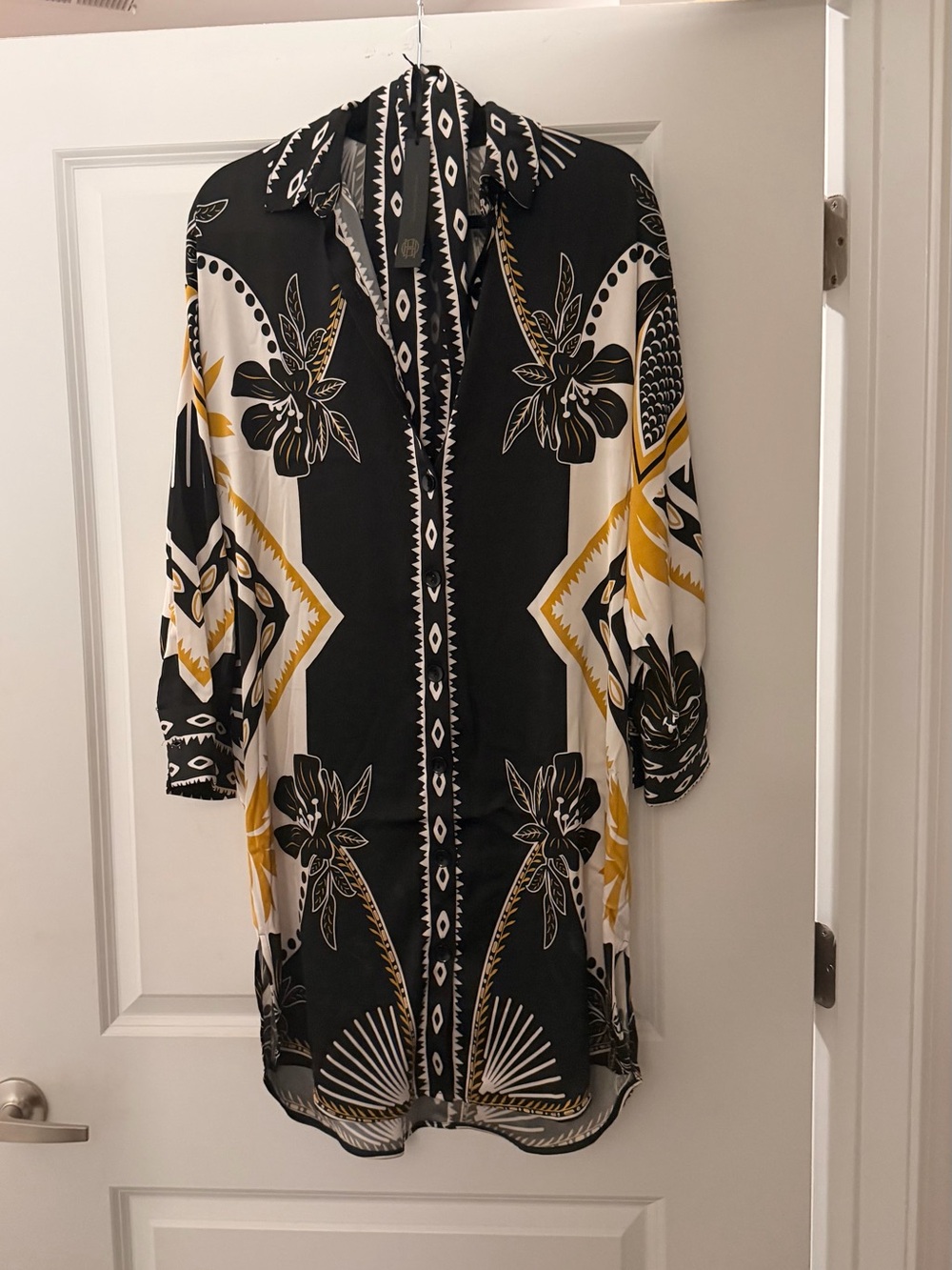 House of Harlow 1960 Black, White & Mustard Printed Midi Shirt Dress